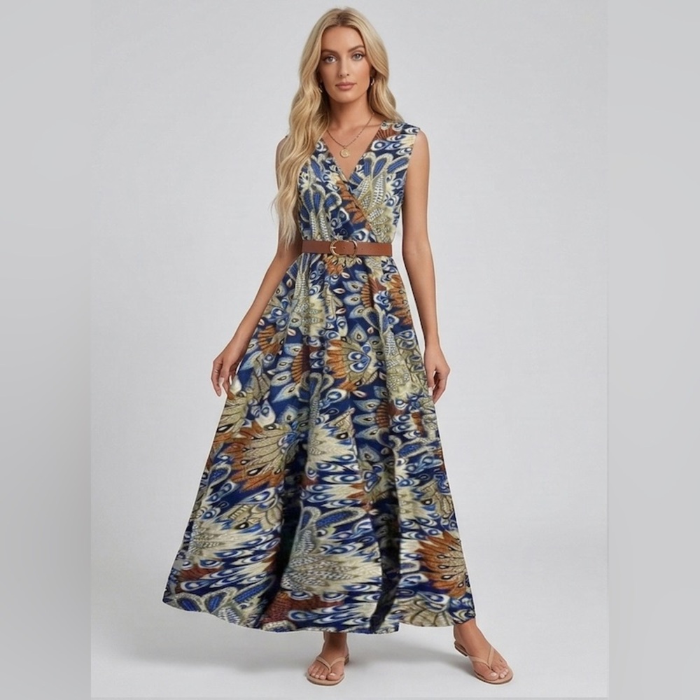 Bohemian Peacock Print V-Neck Maxi Dress - Picture 5 of 10